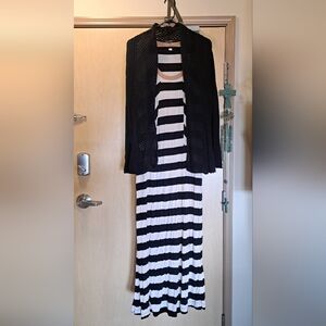 🖤 Classic Chic Layered Set – Striped Maxi Dress + Crochet Cardigan 🖤